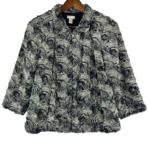 Chicos Jacket Faux Fur Blazer Gray 3/4 Length Sleeves Luxe Womens Size 1 US 8